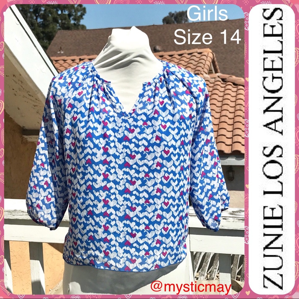 Girls ZUNIE Blue Hearts Sheer Blouse + Cami Tank Top Set Size 14 or XL